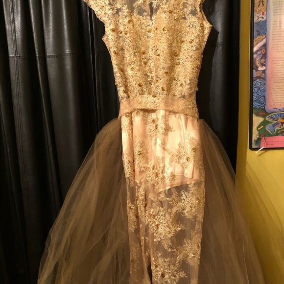 Gold Lace Appliquéd Evening Jumpsuit Prom Gown - Picture 5 of 8